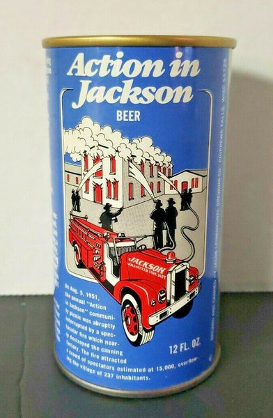 Vintage Action In Jackson Beer Can Fire truck Jackson WIS. Pull Tab Bottom Empty BC1