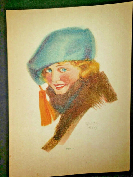 Vintage Lithograph Vesta Print George Perry Lady in Fur Blue Hat 5"x3" B5