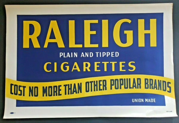 1940's Raleigh Cigarette Store Sign / Poster 18" x 12" NOS WS9B
