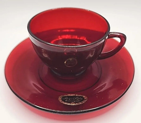 Vintage Royal Ruby Red Glass Cup and Saucer Anchor Hocking Christmas U230