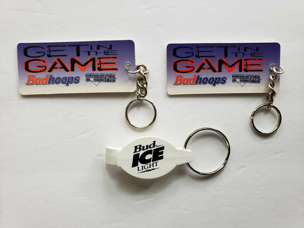 Vintage BUDWEISER (2)GET IN THE GAME BUD HOOPS KEYCHAINS & (1)BUD ICE CAN OPENER