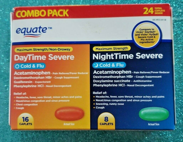 Cold and Flu Daytime Severe 16 cap NightTime Severe 8 caplets Equate Brand 03/22