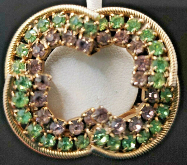 Vintage Gold Tone Purple & GreenRhinestone Round Brooch Pin Jewelry