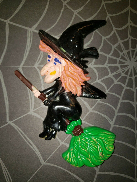 VIntage Halloween Witch on Broom Hard Plastic Cake Decoration Topper 5"H NOS