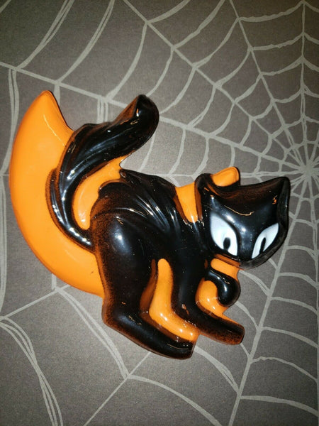 Vintage Halloween Black Cat In Moon Cake Topper Thin Plastic 4"H New Old Stock