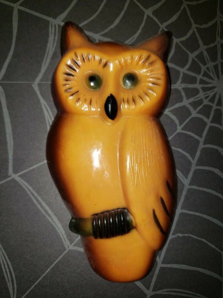 Vintage Halloween Brown Owl on Perch Hard Plastic Cake Decoration Topper 5"H NOS