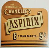 Vintage Chandler 5 Cent Aspirin Drugstore Counter Adv Sign St Louis Mo NOS