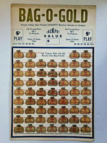 Vintage 1940s Bag O Gold 5 Cent Play Jackpot Punch Board Gambling Unused NOS