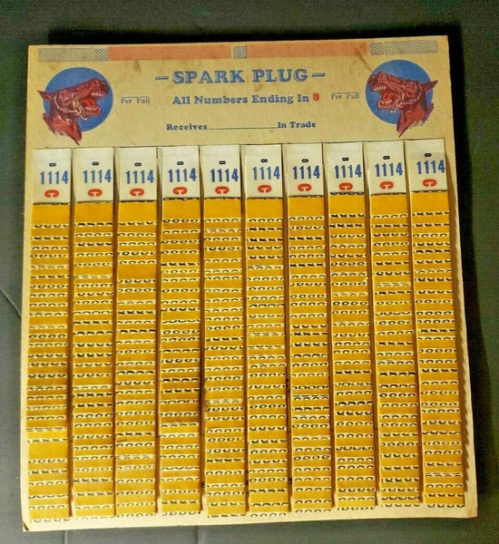 Vintage Spark Plug Horse Image Punch Board Tab Gambling Display Card Ends in 8