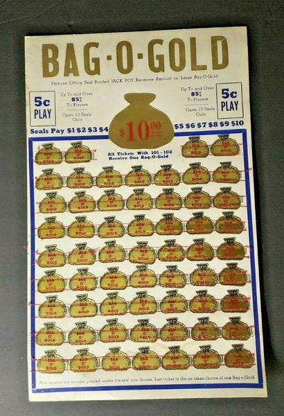 Vtg 1940s Bag O Gold 5 Cent Play Jackpot Punch Board Gambling Unused NewOldStck