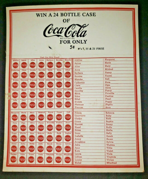 Vintage 5c Coca Cola Punch Board Coke Advertiising Card unused old emphemera