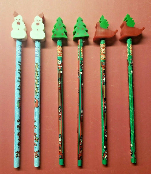 Vintage 1990's Jumbo Eraser 6 Pencils Christmas, Tree Snowman, Sled Berol NOS