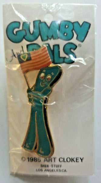 Gumby Enamel 1 1/4" Pin Packaged with Pin-back 1985 Art Clokey NIP Holding Flag