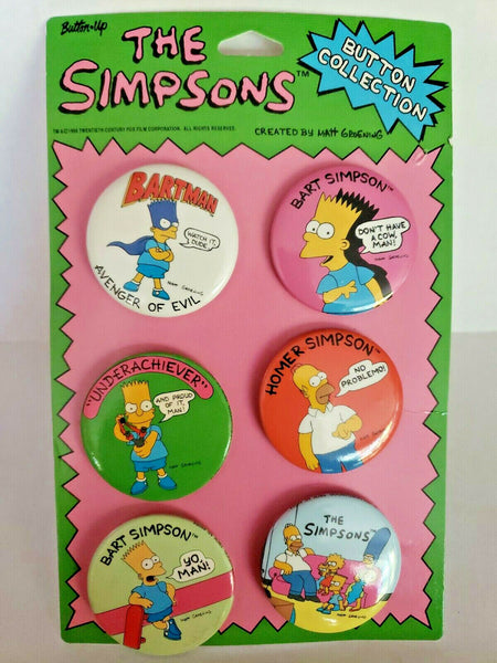 Vintage Pack of 6 Simpsons Button Collection 1990 Twentieth Century Corp Nos