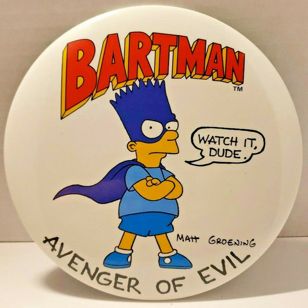 Vtg•1989 Bart Simpson BARTMAN 6" Pin Button-Up 80s Avenger of Evil 90s Simpsons
