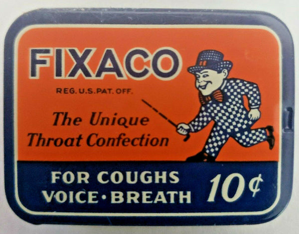 Vintage 1939 Fixaco Medicine Tin Cough Voice Breath Confection New Old Stock