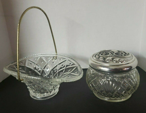 Vintage Avon 1 Vanity Face Cream Glass Jar Silver Tone Lid & 1 Glass Basket