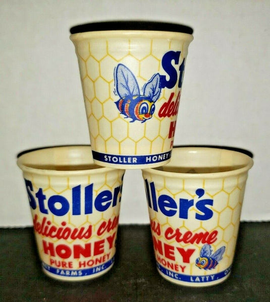 3 Stollers Farms Creme Honey Waxed 1oz Cups Latty Ohio Old Unused New Old Stock