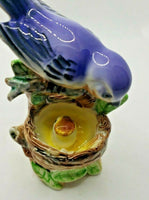 Vintage Ceramic Blue Bird Feed Baby Bird Nest  Figurine Hand Painted Japan NOS