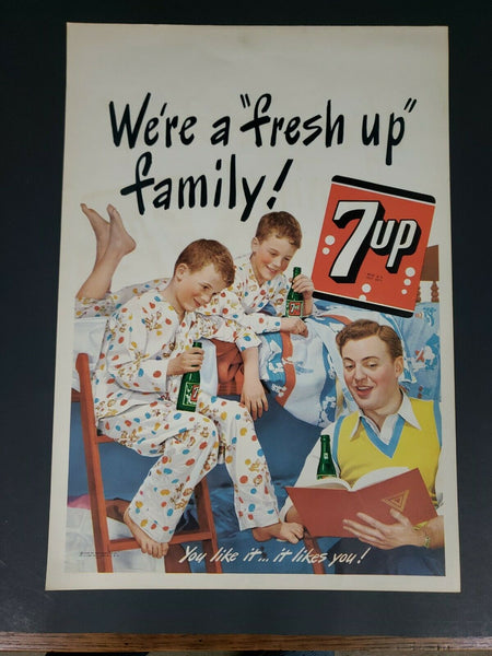1948 7up The Fresh Up Family Drink Soda Pop Family Paper Sign Old Store Stock WH