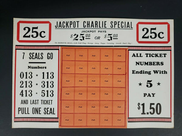 Jackpot Charlie Spec 25 Cent Seal Punch Board Gambling Display Card Old Stock