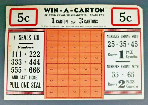 Win A Carton Cigarette 5 Cent Seal Punch Board Gambling Display Card Old Stock