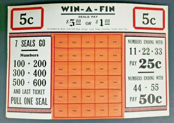 Win A Fin 5 Cent Seal Punch Board Gambling Display Card Old Store Stock