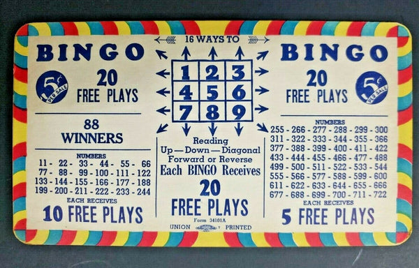 Bingo Winner Payouts 5 Cent Punch Board Gambling Display Card