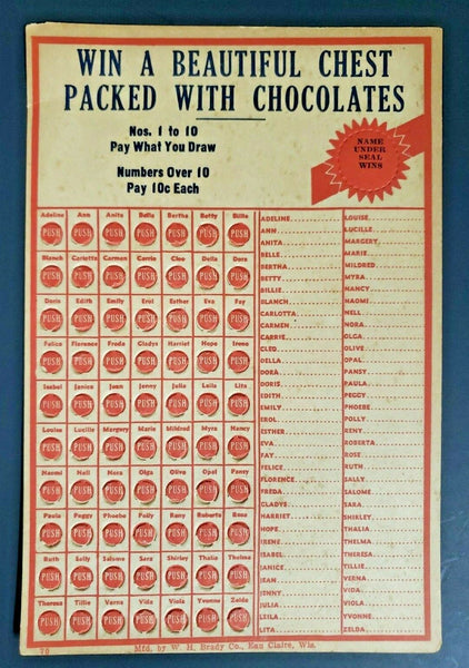 Win cost packed chocolates  Punch Board Gambling Display Card Old Store Stock
