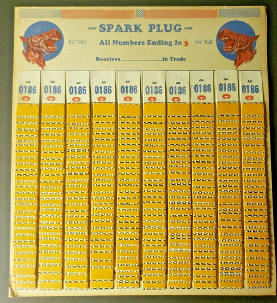 Vintage Spark Plug Horse Image Punch Board Tab Gambling Display Card Ends in 3