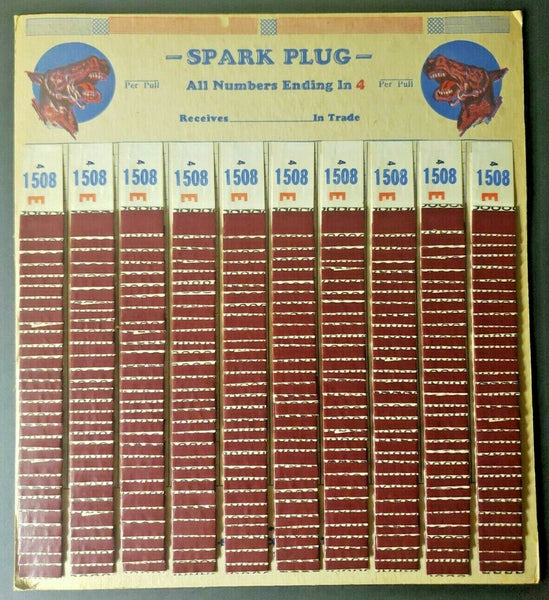 Vintage Spark Plug Horse Image Punch Board Tab Gambling Display Card Ending 4