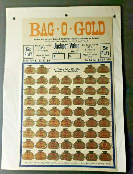1940s Bag O Gold 5 Cent Play Jackpot Punch Board Gambling Unused Old Store Stock