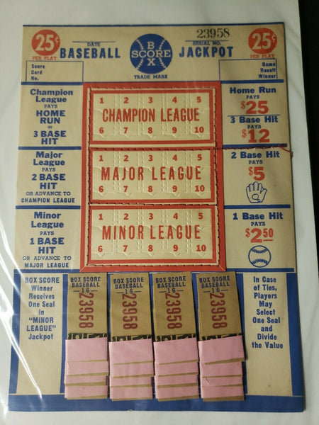 1940's Baseball Box Score Jackpot Punch Board Gambling Unused Old Store Stock