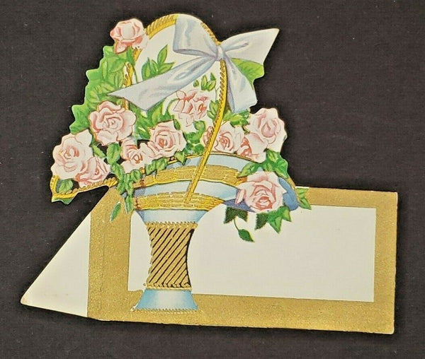 Vintage Die Cut Folding Self Standing Place Cards Floral Pink Flower Basket