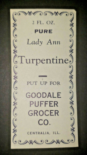 Vintage Lady Ann Turpentine Bottle Label Goodale Puffer Grocer Centralia IL PB5