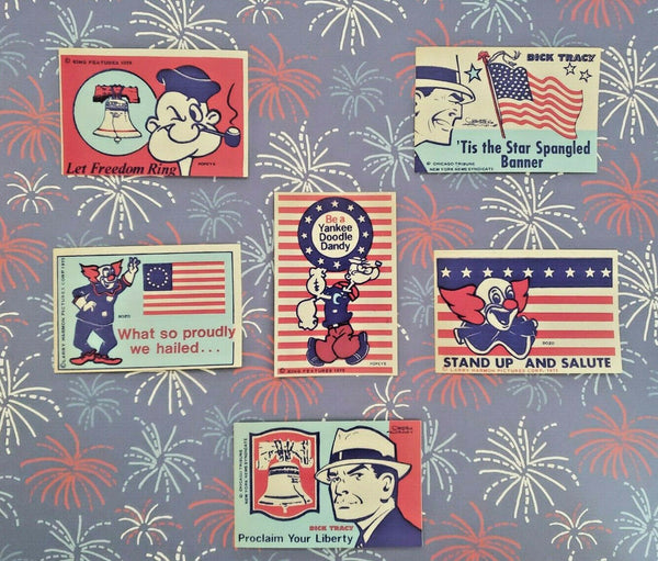 Vintage Patriotic Stickers: 2 x Dick Tracy, 2 x Popeye, 2 x Bozo New Lot of 6