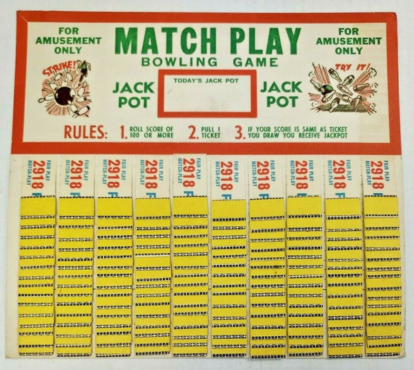 Vintage Match Play Bowling Game Punch Board Pull Tab Gambling Board New Old Stoc