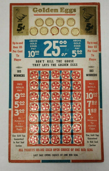 Vintage Golden Eggs Punch Board Gambling 5 Cent Change Rare New Old Stock