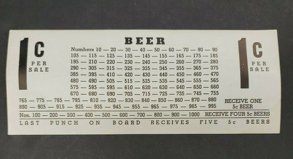 Vintage Beer Tavern 1 Cent  Punch Board Advertsing Card Winner