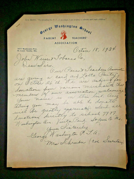 1934 George Washington School Parent Teachers Association Letter St Louis Mo