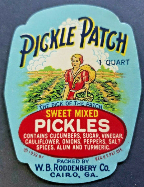 Vintage 1939 Pickle Patch Sweet Mixed Pickles Label 1Q  W B Roddenbery Cairo GA