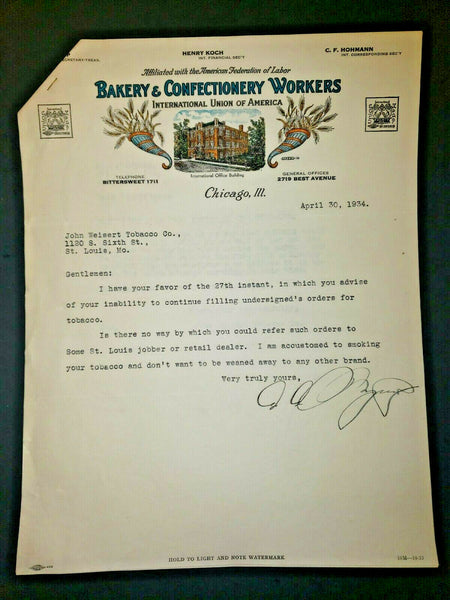 1934 Bakery & Confectionery Workers International Union America Letter Chicago
