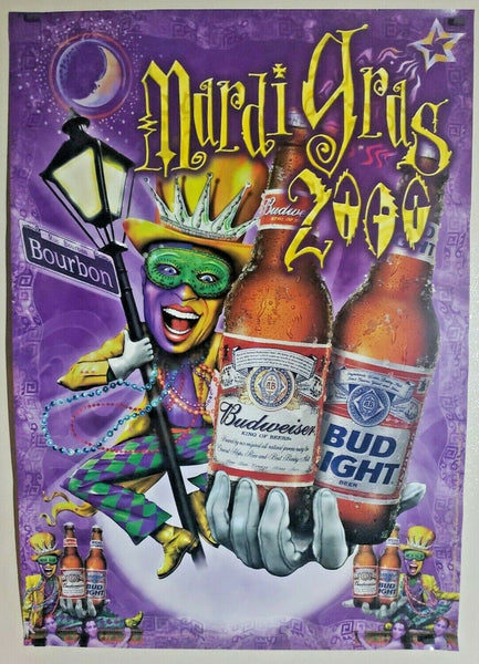 1999 Anheuser Busch  Budweiser Mardi Gras 2000 Tavern / Store Poster 28"x19" NOS