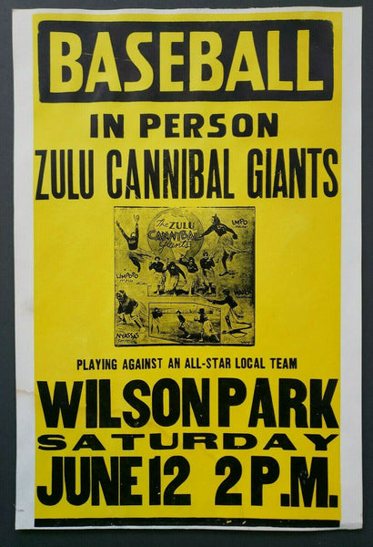 Vintage 1930's Zulu Cannibal Giants Baseball Promo Sign Negro League 14x 20.75