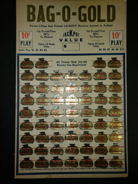 VTG 1940s Bag O Gold 10 Cent Play Jackpot Punch Board Gambling Unused NewOldStck
