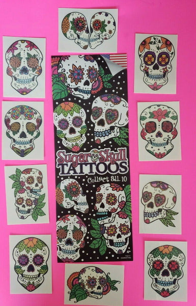 Glittery Sugar Skull Tattoos Set of 10 with Glittery Vending Display Card New