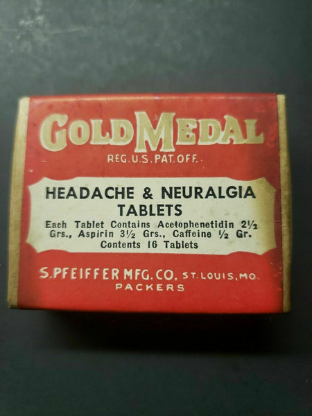 Vintage Gold Medal Headache Tablets Pharmacy Medicine Box S Pfeiffer St.Louis Mo