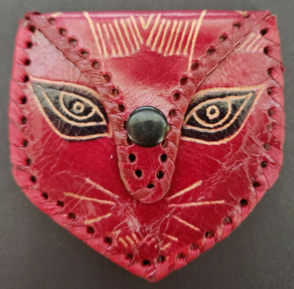 Vintage Coin Purse Hand Made Leather Red Cat Face Pouch Snap Closure New  #2