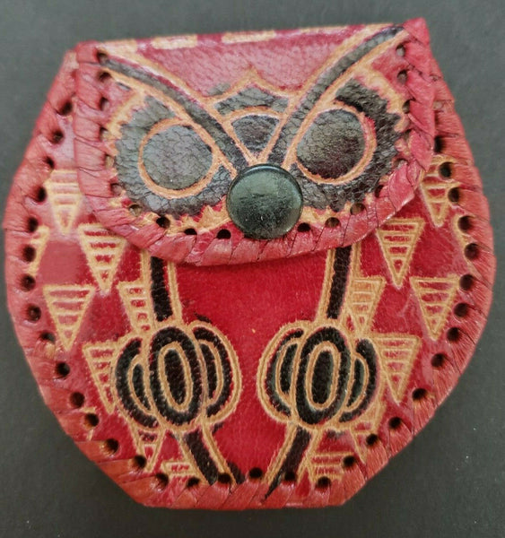Vintage Coin Purse Hand Made Leather Red Owl Face Pouch Snap Closure New  #6
