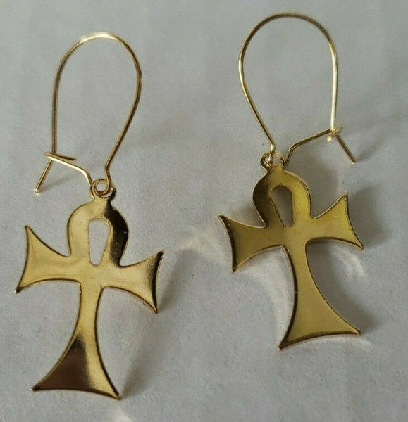 Ankh Cross Dangle Earrings Gold Tone 3/4 Inch tall New Vintage 1980's